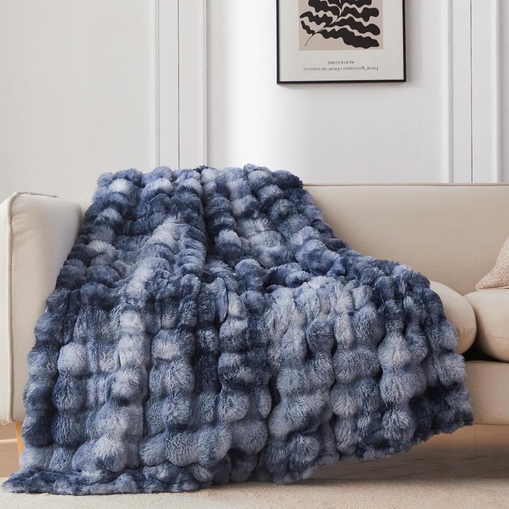 🆕 Luxury Faux Fur Throw Rabbit Blanket Blue Tie Dye Cozy Comfy Warm NEW NWT